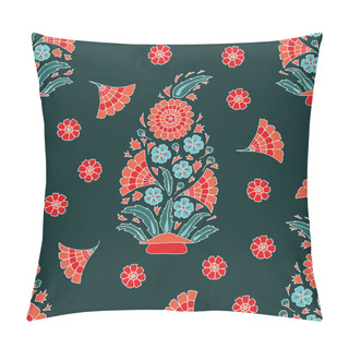 Personality  Vector Seamless Pattern Background: Scattering Boteh. Classical Boteh Drops Sitting Among A Storm Of Flowers On A Dark Green Background. Part Of Boteh Fire Collection. Pillow Covers