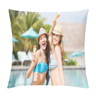 Personality  Smiling Women Eating Ice Cream Over Swimming Pool Pillow Covers