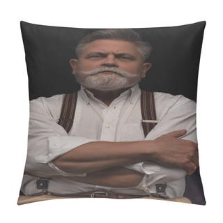 Personality  Serious Senior Man With Crossed Arms Isolated On Black Pillow Covers