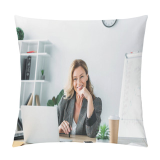 Personality  Attractive Businesswoman Sitting At Table With Laptop And Looking At Camera In Office Pillow Covers