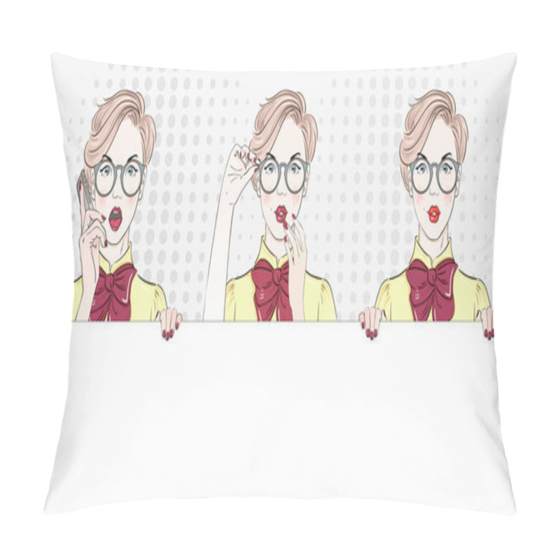 Personality  Pop Art Vintage advertising poster comic girl keep a silence and hold white banner. Comic woman with speech bubble. Vector illustration. pillow covers