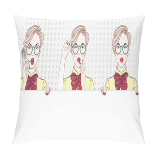 Personality  Pop Art Vintage Advertising Poster Comic Girl Keep A Silence And Hold White Banner. Comic Woman With Speech Bubble. Vector Illustration. Pillow Covers