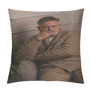 Personality  Serious Senior Man Sitting In Armchair And Looking At Camera Pillow Covers