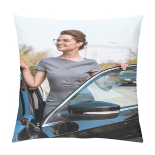 Personality  Happy Woman In Glasses Standing Near Black Car And Smiling In Parking  Pillow Covers