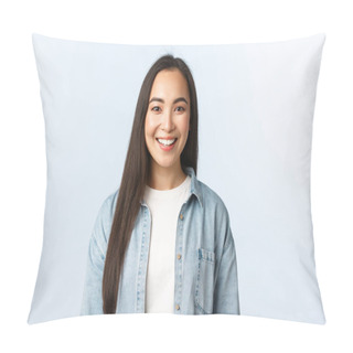 Personality  Lifestyle, People Emotions And Beauty Concept. Smiling Good-looking Asian Female Student Looking Camera Pleased. Girl In College Starting Online Courses. Woman In Casual Clothes Grinning Pillow Covers