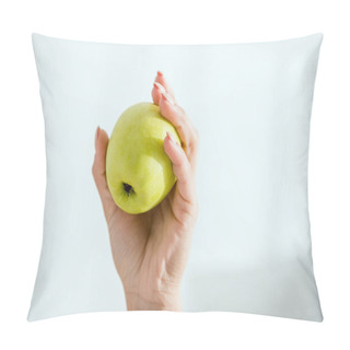 Personality  Cropped View Of Young Woman Holding Green Organic Apple  Pillow Covers