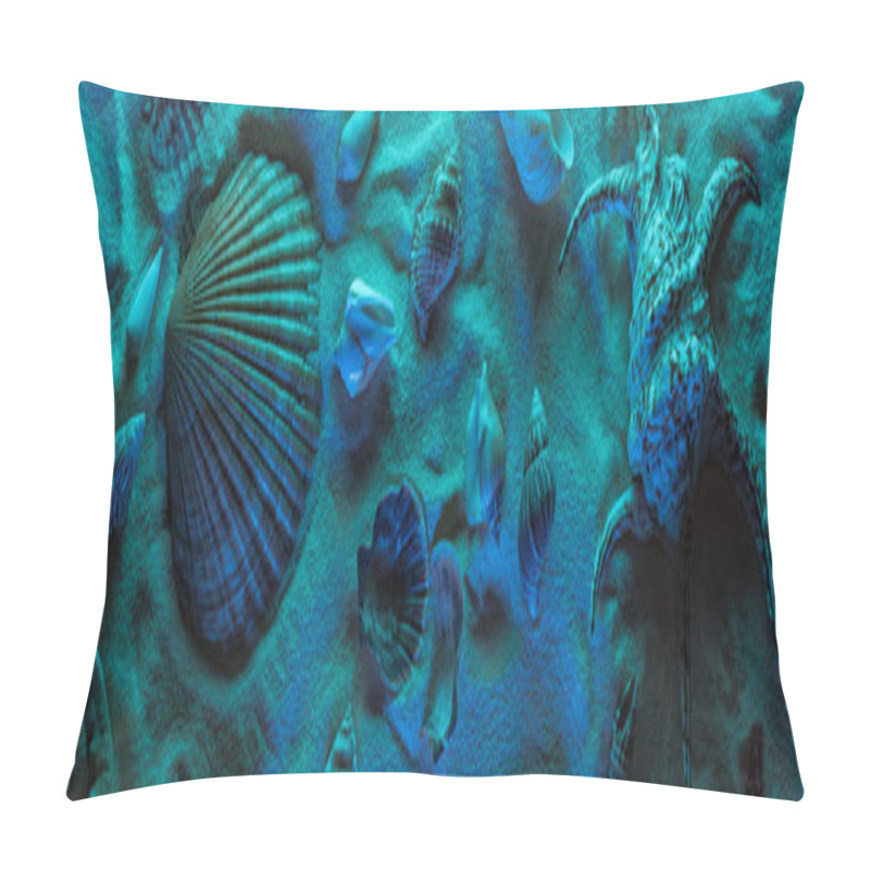 Personality  Panoramic Shot Of Seashells On Sand With Blue Light Pillow Covers