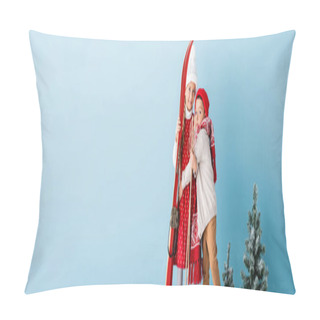 Personality  Panoramic Concept Of Boy In Winter Outfit Hugging Sister With Ski Poles And Skis On Blue Pillow Covers