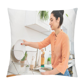 Personality  A Woman In Casual Attire Cleans Dishes In Her Kitchen, Focused And Serene. Pillow Covers