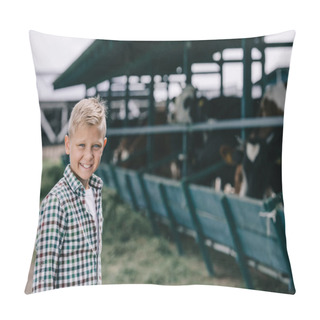 Personality  Happy Boy In Checkered Shirt Smiling At Camera While Standing At Ranch With Cows   Pillow Covers