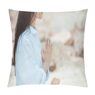 Personality  Partial View Of Young Woman Doing Namaste Mudra Gesture  Pillow Covers