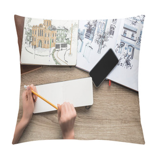 Personality  Top View Of Womans Hands Holding Pencil, Albums With Paints And Smartphone On Wooden Background Pillow Covers