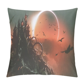 Personality  Scenery Of Castle Of Thorn With Solar Eclipse In Dark Red Sky, Digital Art Style, Illustration Painting Pillow Covers