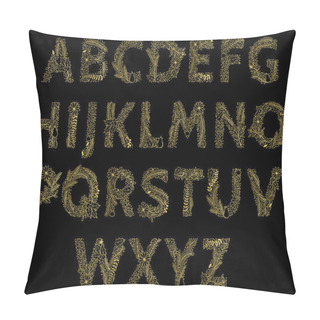 Personality  Christmas Or Winter Themed Floral Alphabet In Gold Foil Style - Vector Pillow Covers