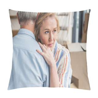 Personality  Cropped Shot Of Grey Hair Man Hugging Pensive Wife While Moving Home  Pillow Covers