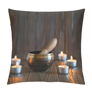 Personality  Singing Bowl On Dark Wooden Background. Burning Candles And Oil For Aromatherapy And Massage.. Pillow Covers