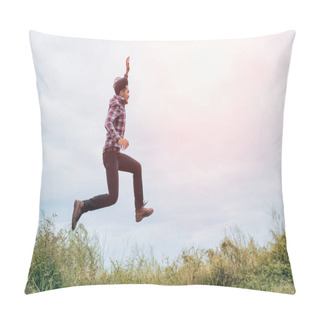 Personality   A Man Running And Jumping With Arms Raised With Energy For Vict Pillow Covers
