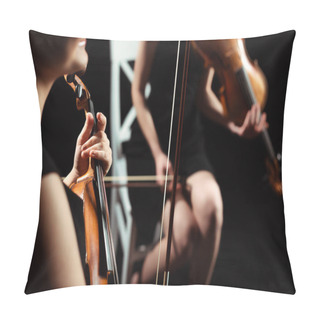 Personality  Partial View Of Female Professional Musicians Playing On Violins On Dark Stage, Selective Focus Pillow Covers