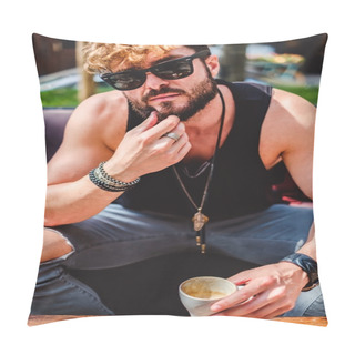 Personality  Hipster Man Drinking Espresso In The Sun Pillow Covers