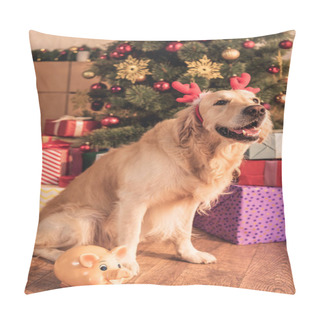 Personality  Golden Retriever Dog In Deer Horns Sitting With Piggy Bank Near Christmas Tree With Presents Pillow Covers
