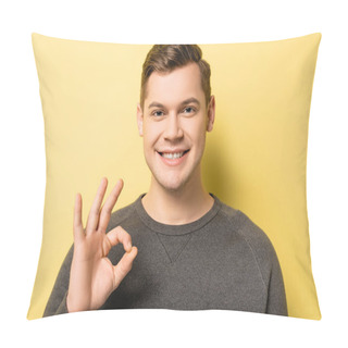 Personality  Young Man Showing Okay Gesture And Looking At Camera On Yellow Background Pillow Covers