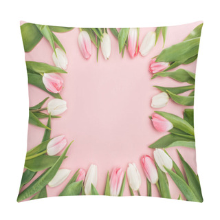 Personality  Top View Of Spring Frame With Tulip Flowers Isolated On Pink Pillow Covers