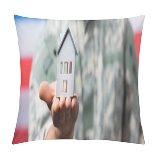 Personality  House Model In Hand Of Military Man In Uniform Near American Flag On Blurred Background, Banner Pillow Covers