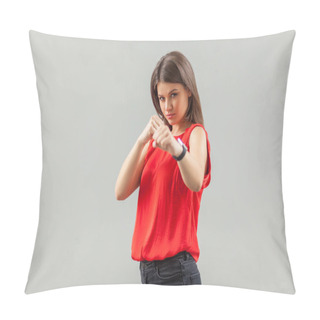 Personality  Portrait Of Serious Beautiful Brunette Young Woman In Red Shirt  Pillow Covers