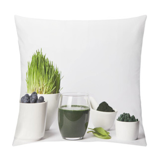 Personality  Fresh Smoothie From Spirulina, Cups With Spirulina Grass And Blueberries, Leaves, Bowls With Spirulina Powder And Spirulina Pills On Grey Background  Pillow Covers