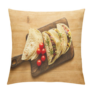 Personality  Top View Of Traditional Mexican Tacos With Cherry Tomatoes On Cutting Board On Wooden Surface Pillow Covers