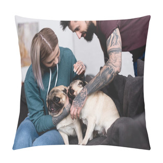 Personality  Tattooed Couple Playing With Pets On Sofa At Home Pillow Covers
