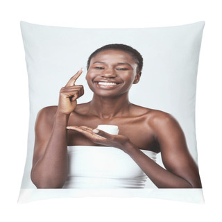 Personality  Healthy Skin Loves Lots Of Moisturiser. Studio Portrait Of A Beautiful Young Woman Applying Moisturiser Against A Grey Background. Pillow Covers