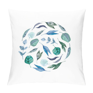 Personality Watercolor Round With Eucalyptus. Healing Herbs For Cards, Wedding Invitation, Posters, Save The Date Or Greeting Design. Summer Flowers With Space For Your Text. Pillow Covers