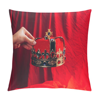 Personality  Cropped View Of Woman Holding Golden Crown With Gemstones Over Red Pillow  Pillow Covers