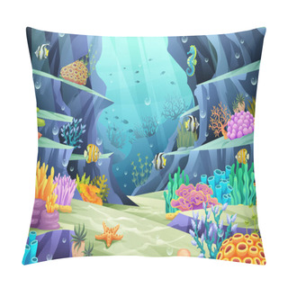 Personality  Undersea Ocean World Illustration. Underwater Life With Fishes And Coral Reefs On A Blue Sea Background Pillow Covers