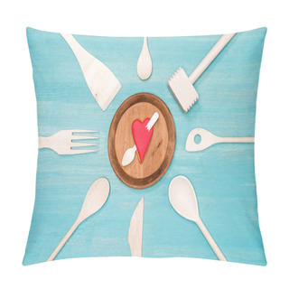 Personality  Top View Of Various Wooden Kitchen Utensils With Pierced Heart Symbol On Plate Pillow Covers