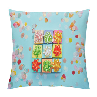 Personality  Top View Of Different Colorful Gifts With Bows And Confetti On Blue Background Pillow Covers