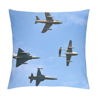 Personality  Payerne, Switzerland - September 7, 2014: Formation Of Former Swiss Air Force Jet Aircraft Comprised Of A De Havilland Vampire, Hawker Hunter, Northrop F-5 And Dassault Mirage.  Pillow Covers