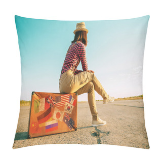 Personality  Traveler Sits On Suitcase With Stamps Flags Pillow Covers