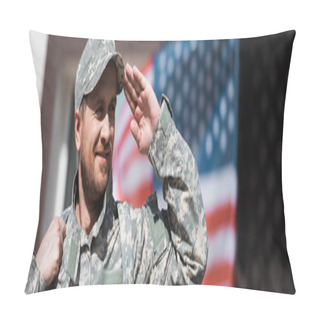 Personality  Smiling Military Man Saluting With Blurred American Flag On Background, Banner Pillow Covers