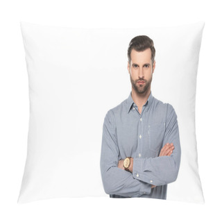 Personality  Handsome Man Standing With Crossed Arms Isolated On White  Pillow Covers