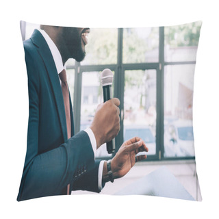 Personality  Cropped Image Of Smiling African American Speaker Talking Into Microphone During Seminar In Conference Hall Pillow Covers