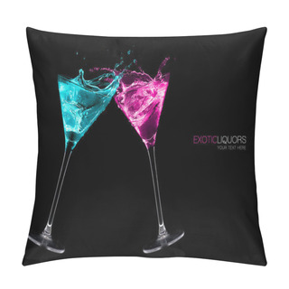 Personality  Exotic Liquors. Stemmed Cocktail Glasses Making A Toast Splashin Pillow Covers