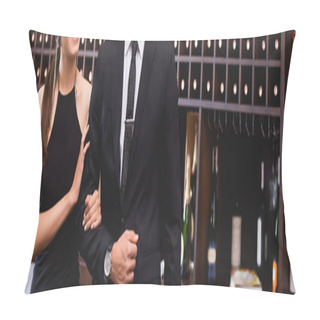 Personality  Website Header Of Elegant Woman Touching Hand Of Boyfriend In Suit In Restaurant  Pillow Covers