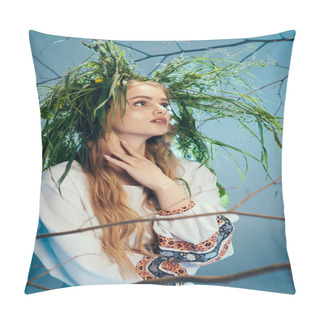 Personality  A Young Mavka In Traditional Attire, Exuding Elegance And Grace, Showcasing Her Long Hair In A Graceful Manner. Pillow Covers