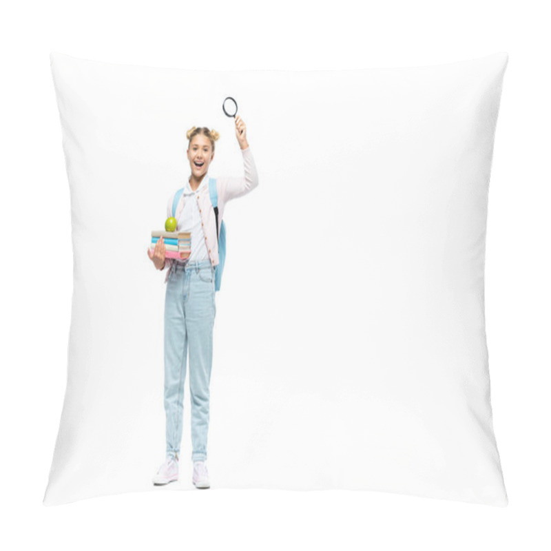 Personality  Schoolgirl Holding Books, Apple And Loupe On White Background Pillow Covers