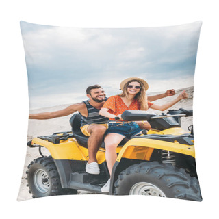Personality  Happy Young Couple Riding All-terrain Vehicle In Desert On Cloudy Day Pillow Covers