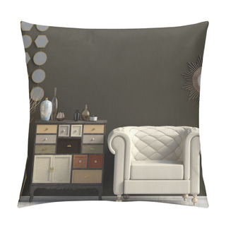 Personality  Modern Interior With Dresser And Chair. Wall Mock Up. 3d Illustration. Pillow Covers
