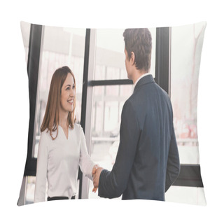 Personality  Happy Woman Shaking Hands With Employer After Job Interview Pillow Covers