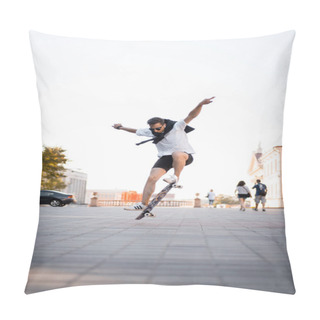 Personality  Man On A Skateboard In The City. Skateboarder Doing A Jump Trick In A City Place. Lifestyle Photoshoot Skateboard Guy With Practis Boarding In The City Pillow Covers